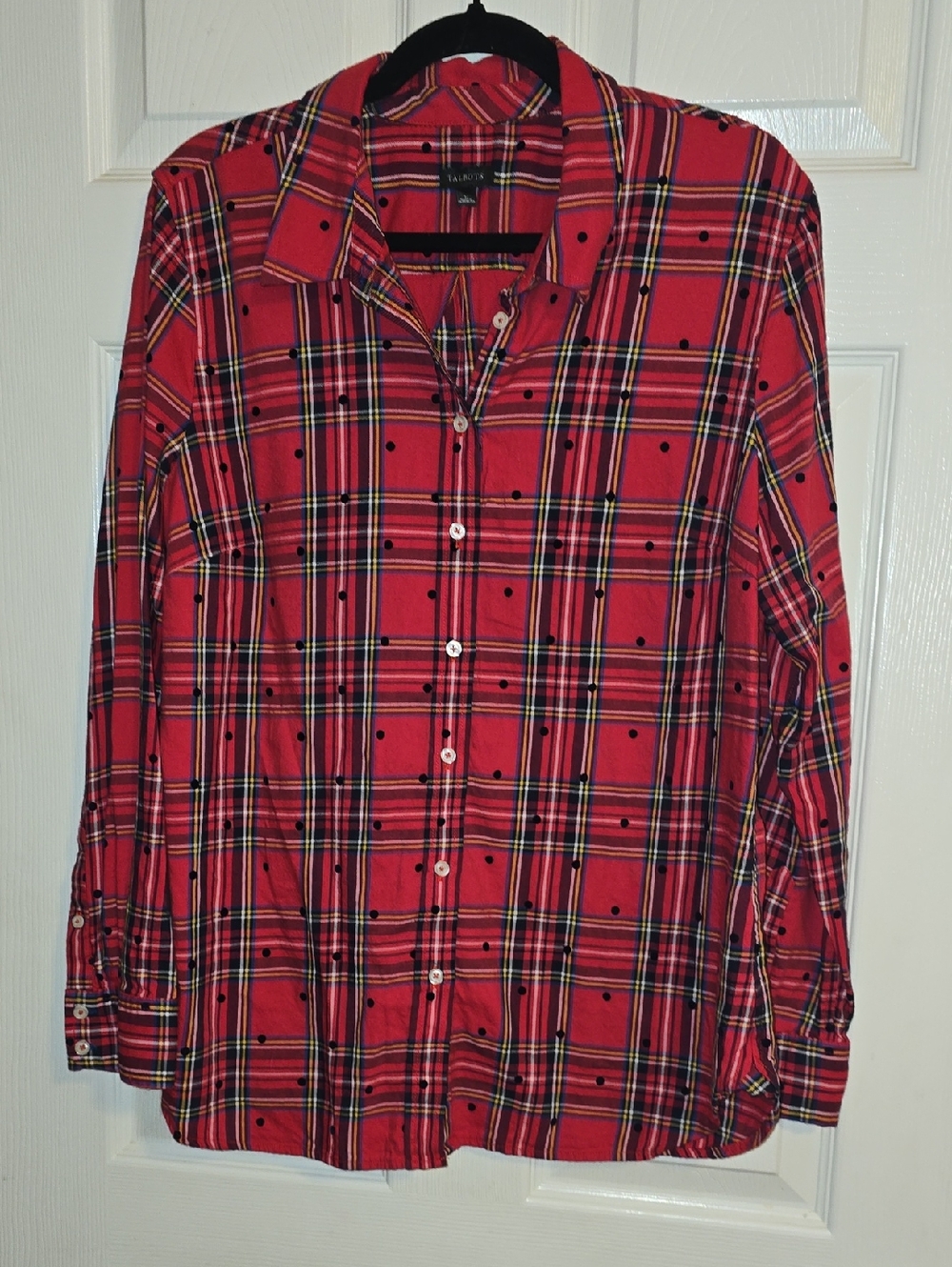 Talbots Red Plaid Button-Down Shirt with Navy and Yellow Accents